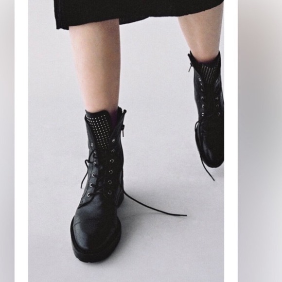 Zara Shoes - ZARA Black Leather Studded Combat Boots‎ Chunky Lug Sole Women Size 39 EU